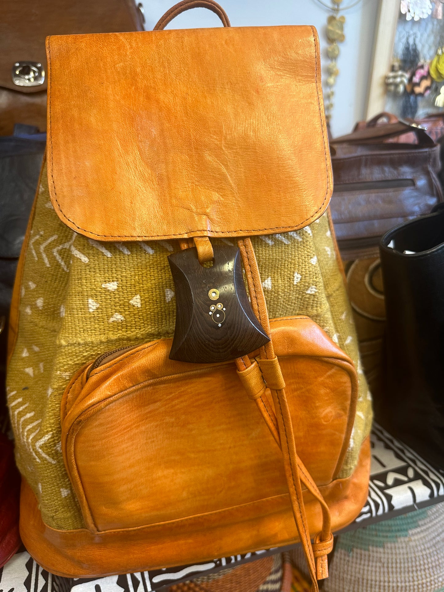 Authentic leather and Mudcloth back pack