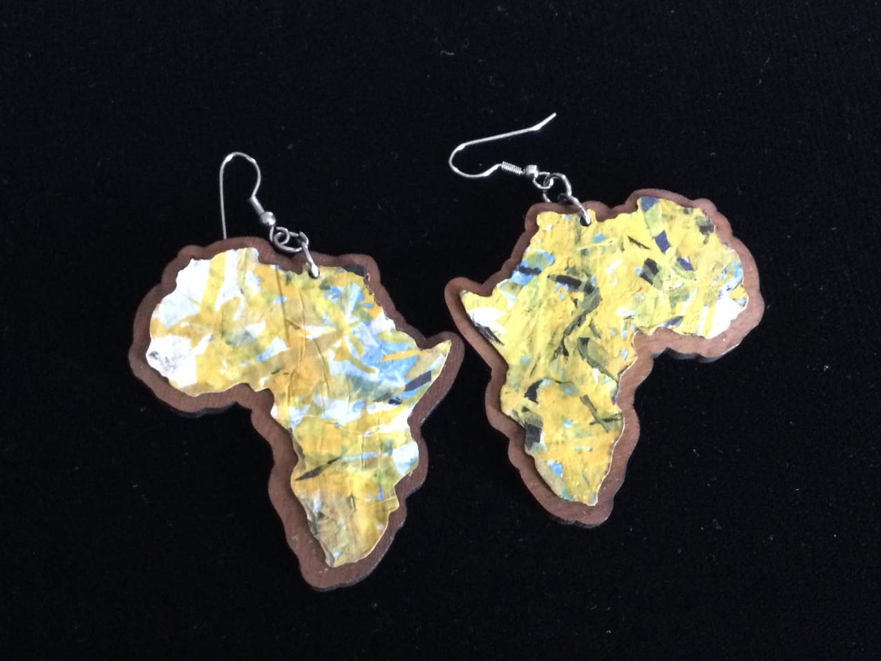 Handmade Wood Earrings African Map Yellow multi