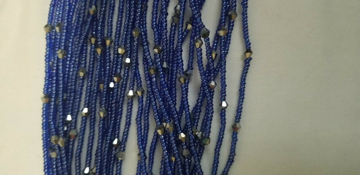 Tiny Navy Blue Multi African waist Beads Long With Decorative Accents..46"-53"