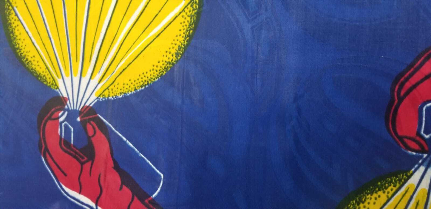 Blue Royal damask with pop Art Spray and can 100% Cotton $10 per yard