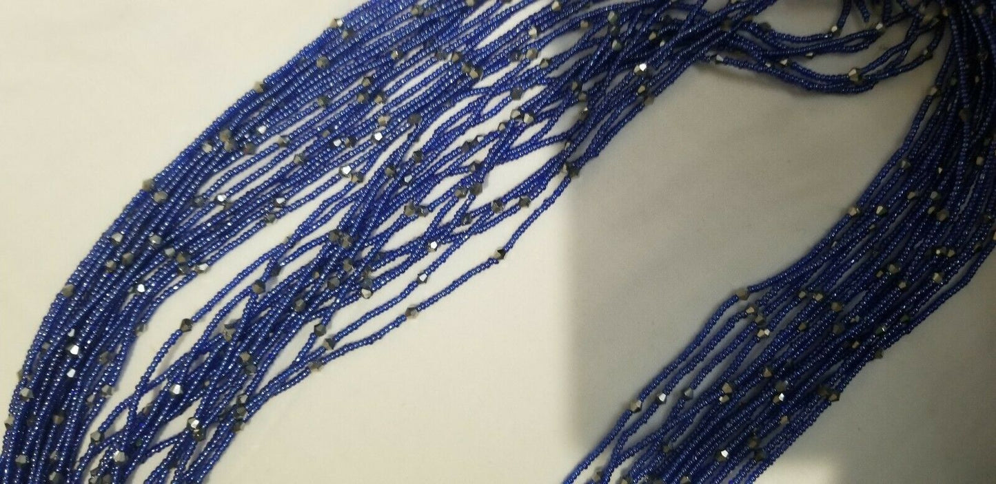 Tiny Navy Blue Multi African waist Beads Long With Decorative Accents..46"-53"