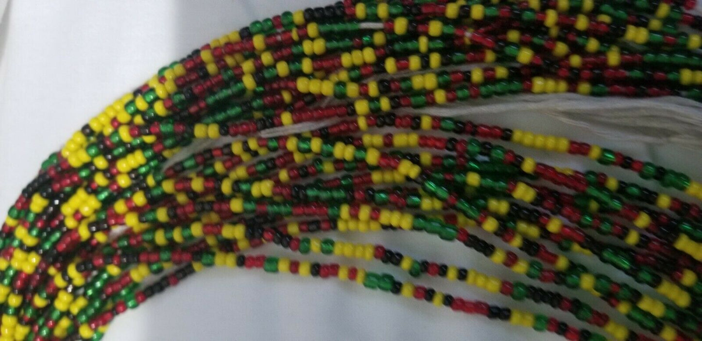 Rasta Colored African Waist Beads..very long 45-53 inches long