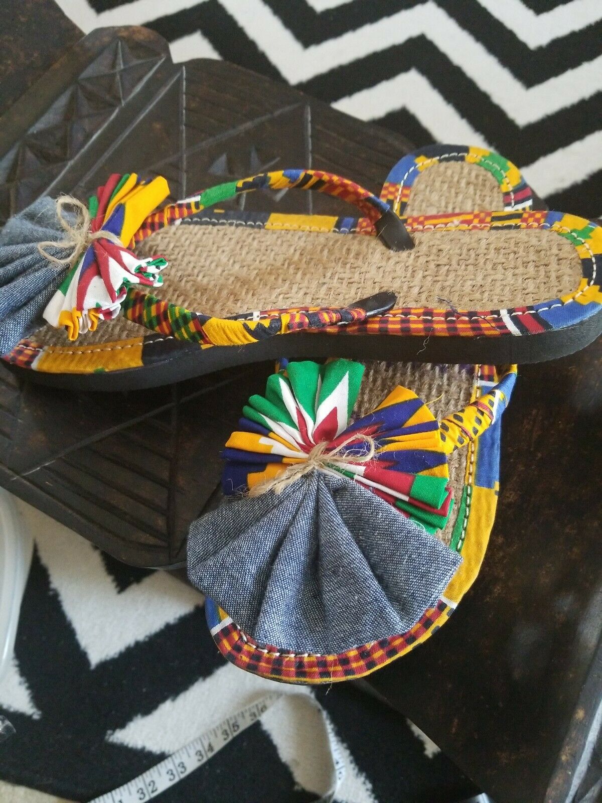 Handmade Kente Slippers with Denim Accents~Size 10.5M(fits US Size 9M-9.5M~$25