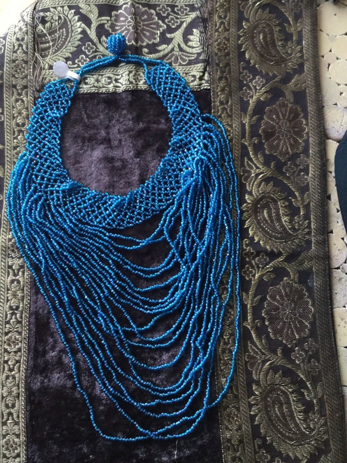 MULTI STRAND BLUE OMBRE GLASS SEED BEAD NECKLACE 15"