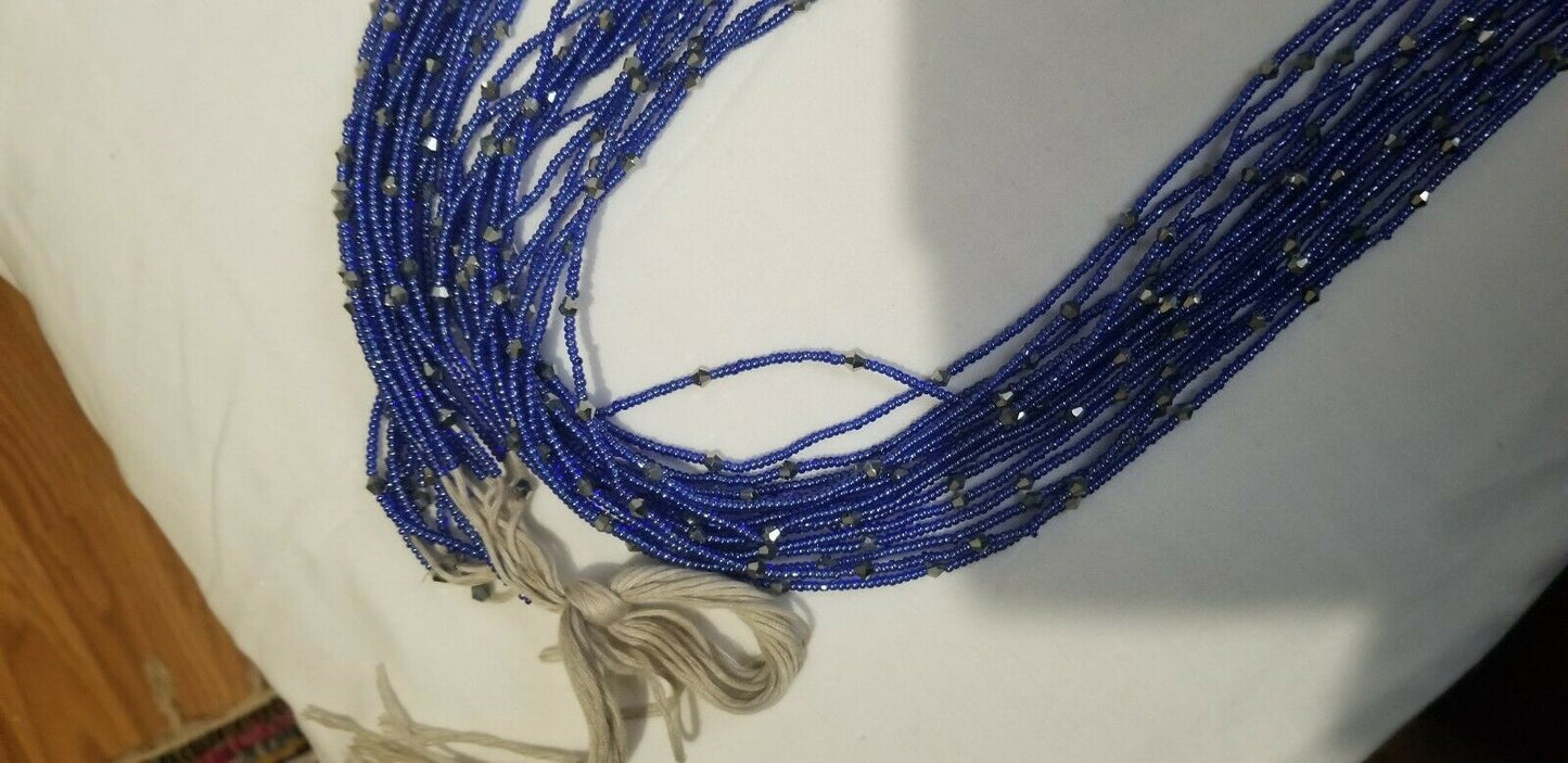 Tiny Navy Blue Multi African waist Beads Long With Decorative Accents..46"-53"