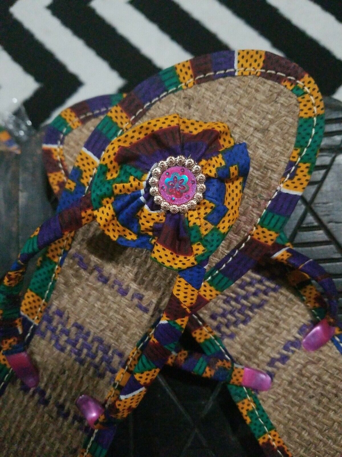 Handmade Kente Slippers with Denim Accents~Size 11M(fits US Size9.5- 10M)~$25ea