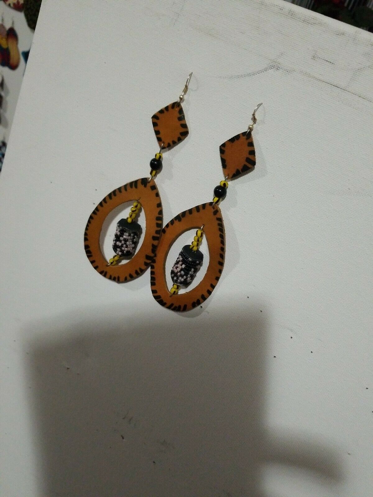 Handmade GENUINE Leather and beading Earrings $10 FREE SHIPPING