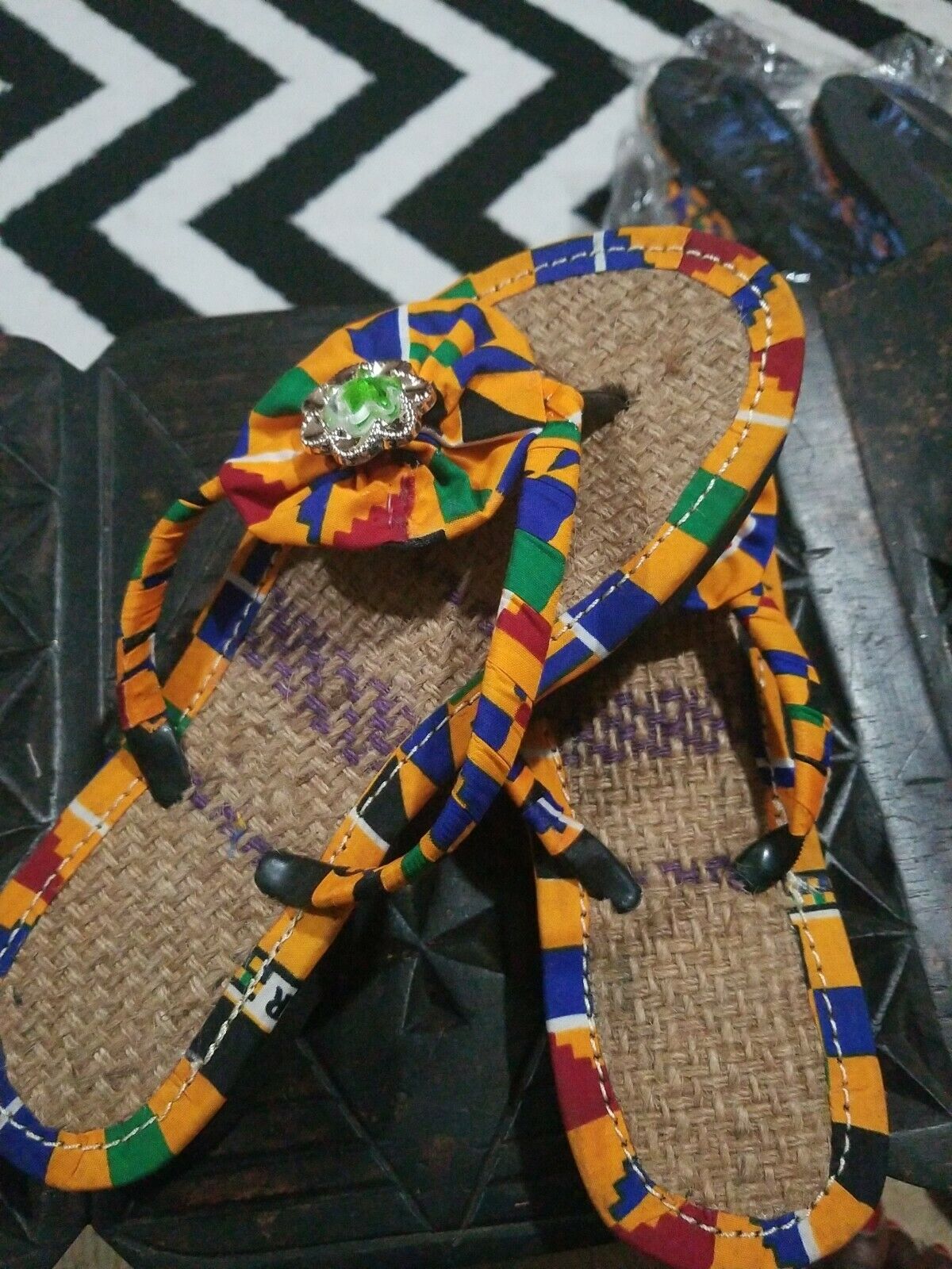 Handmade Kente Slippers with Denim Accents~Size 10M(fits US Size 9M)~$25