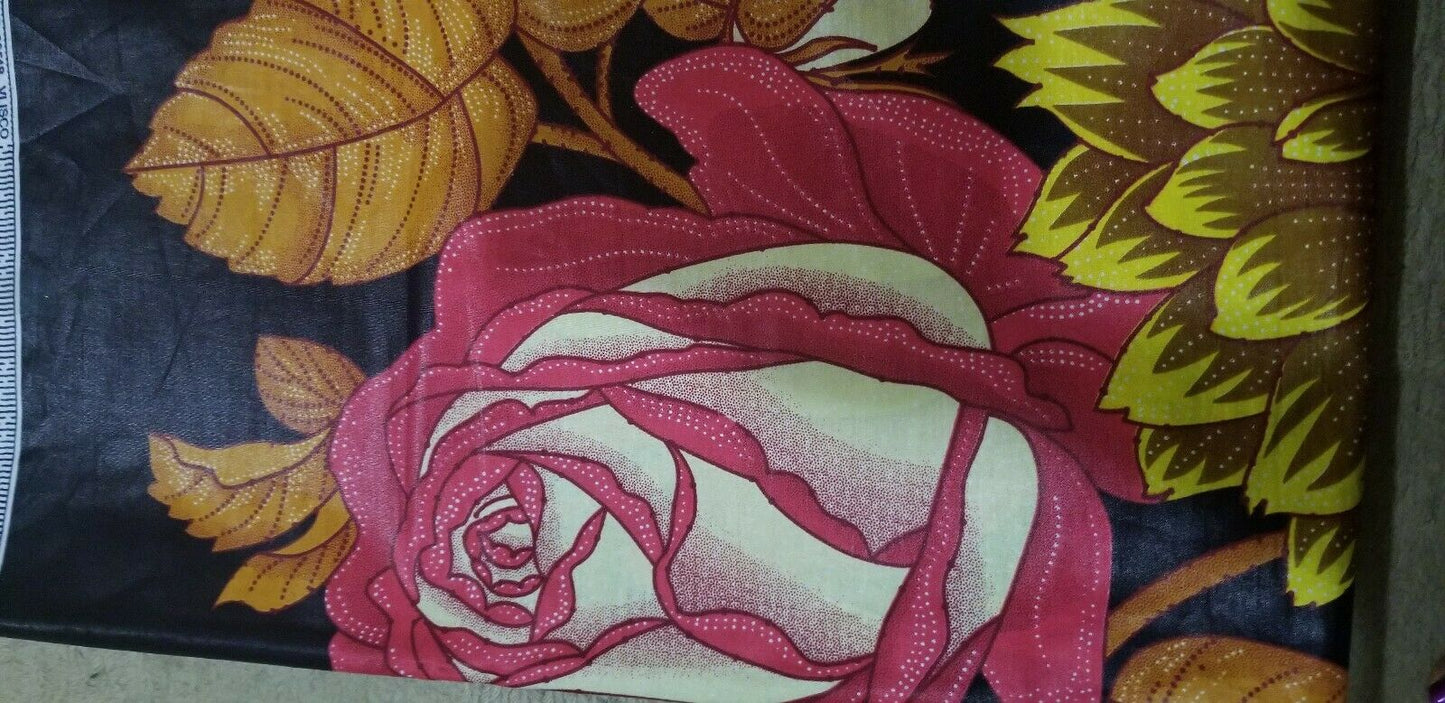 African Print With Black Background And Bold Floral Details 3yds