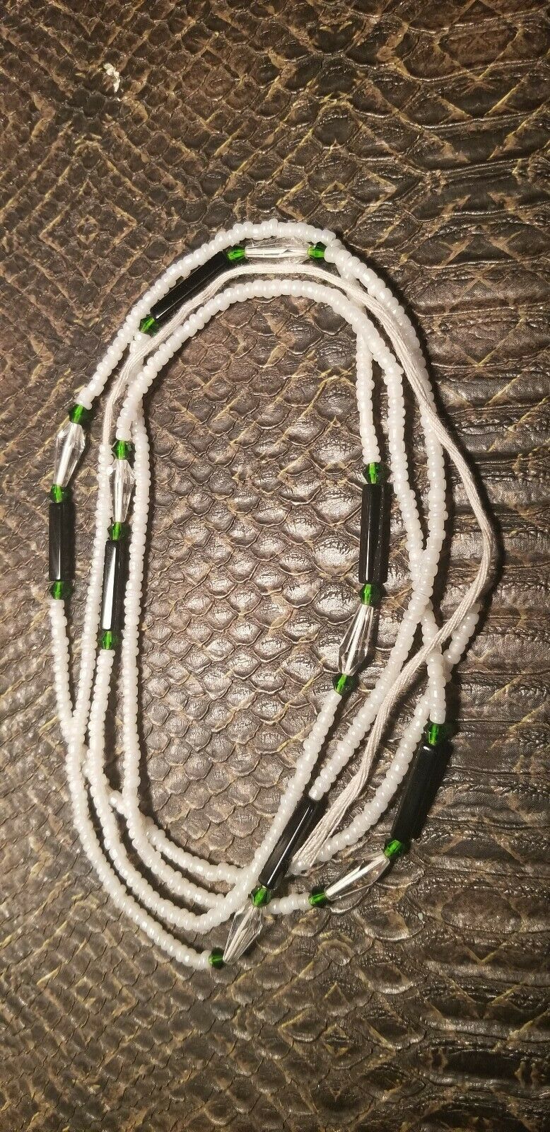 African Waist Beads(Green Crystal and Green accentBeads on White )(.46"-53")