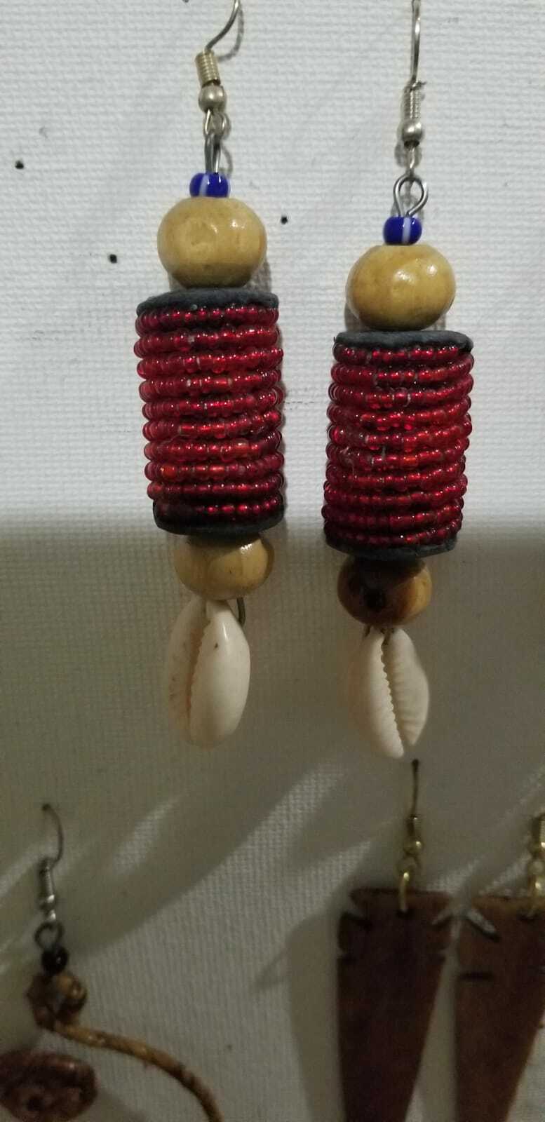 Handmade Cylindrical beaded and Cowrie earrings 2 pair Lot red and blue