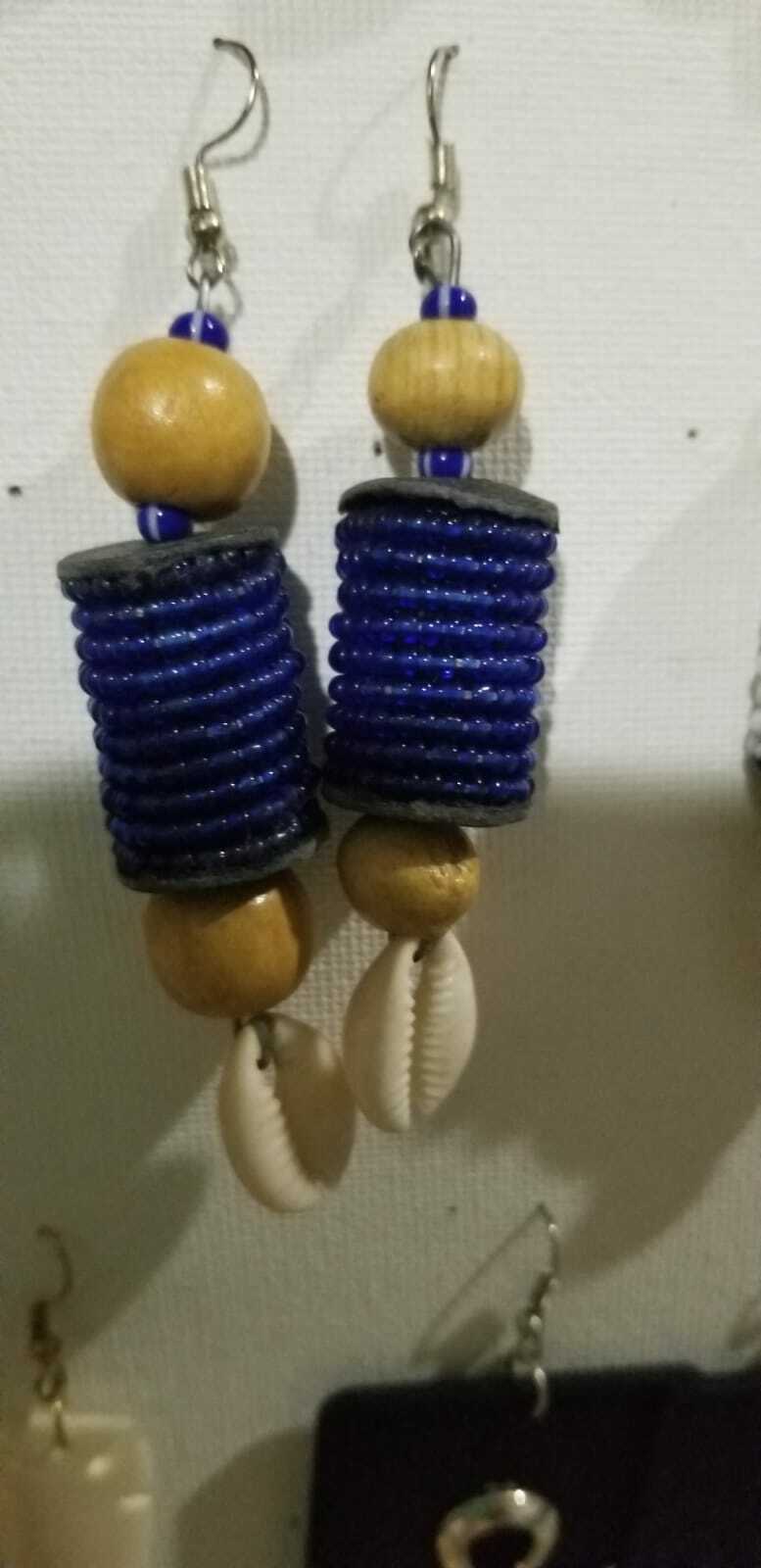 Handmade Cylindrical beaded and Cowrie earrings 2 pair Lot red and blue