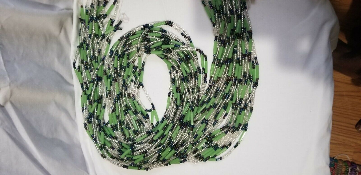 African waist beads Green& white translucent Dazzling ~ very Long