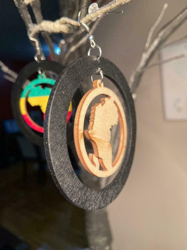 Painted African Map Wooden Earrings