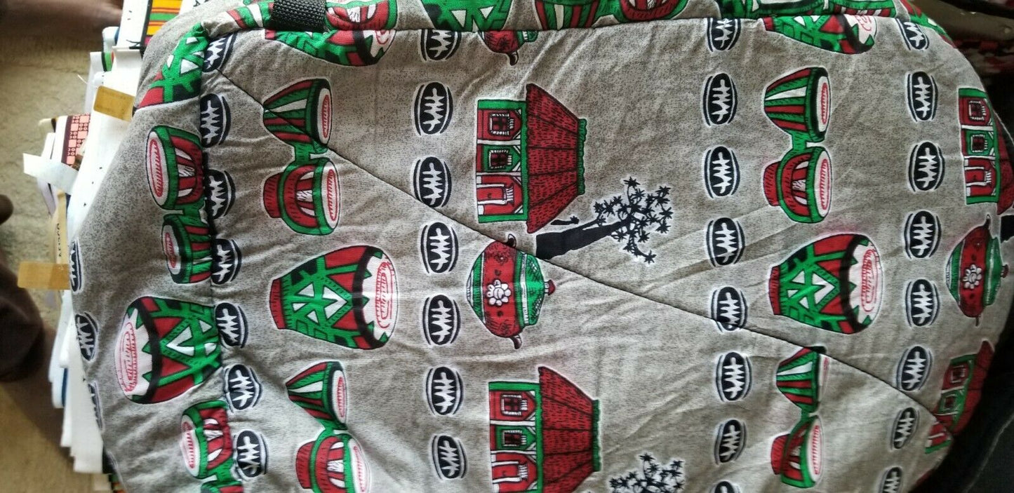 African Print Back Pack~ Huts ,drums housewares motifs