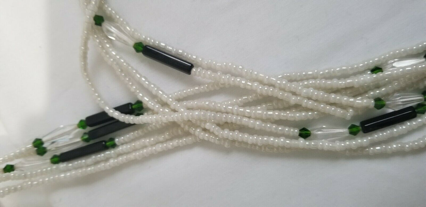 African Waist Beads(Green Crystal and Green accentBeads on White )(.46"-53")
