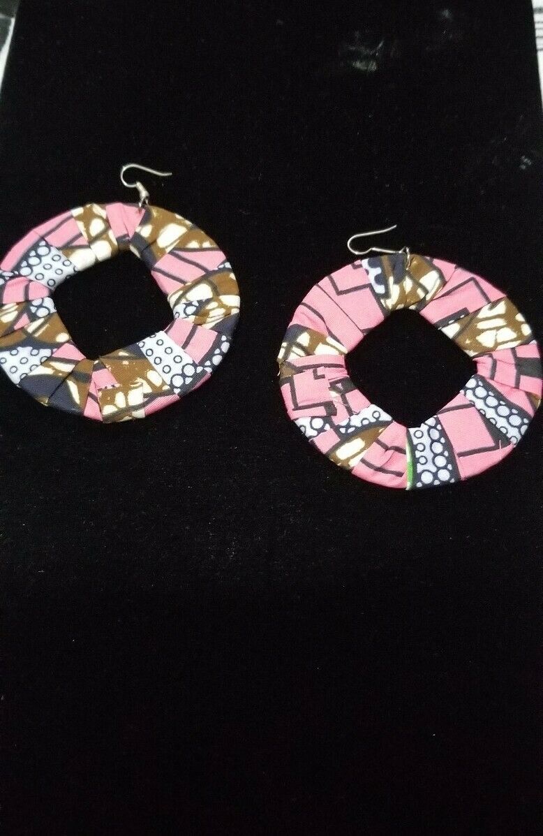 Pink Multi African Print Round Earrings $5