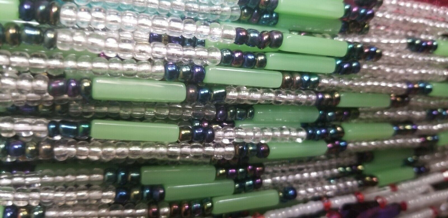 African waist beads Green& white translucent Dazzling ~ very Long