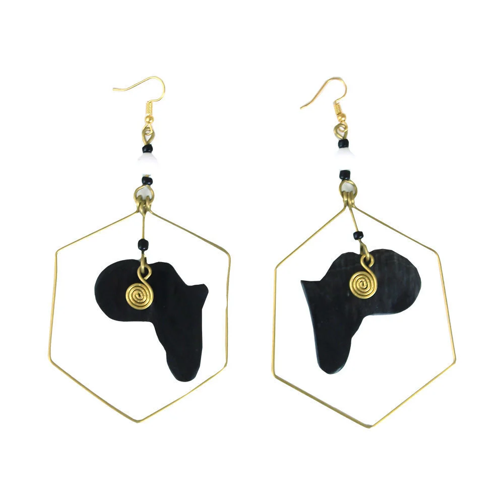 hexagon Black African Map Earrings