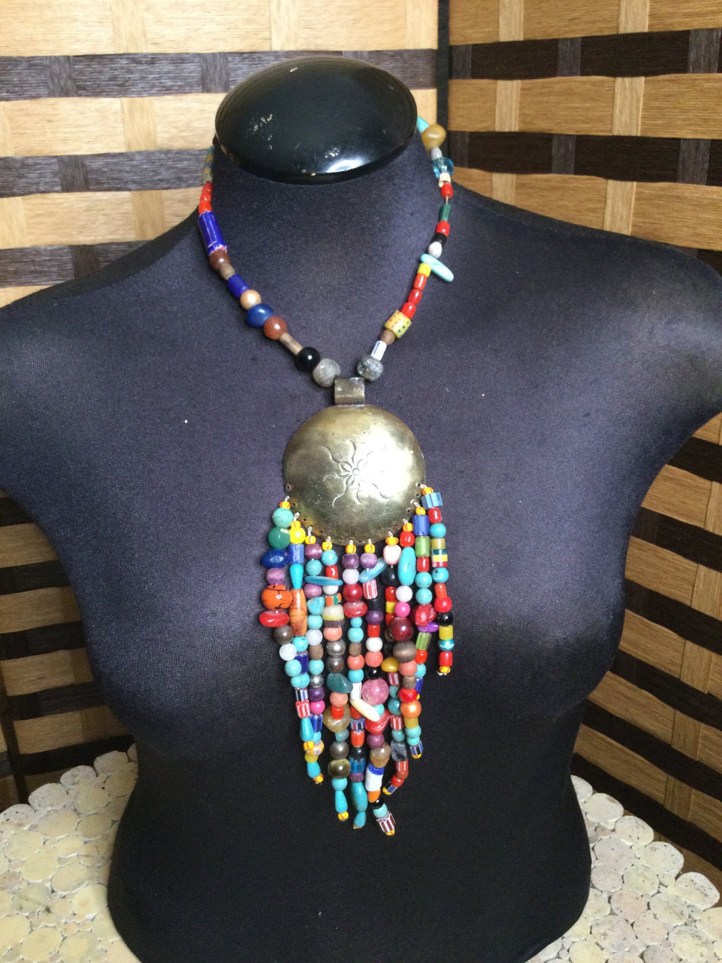 Multi color Beaded brass Medallion necklace Handmade