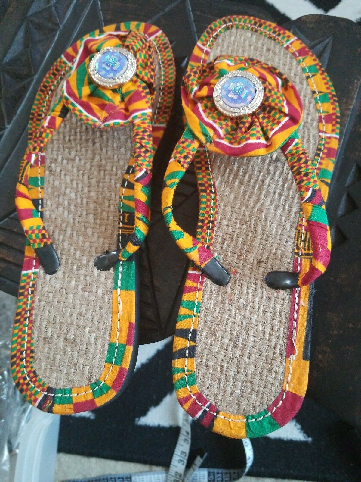 Handmade Kente Slippers with Silver n Blue button