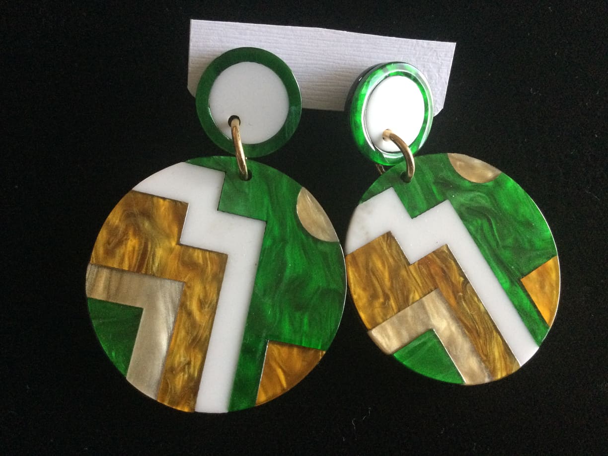 Green and White Resin Dangling Earrings Handmade Resin