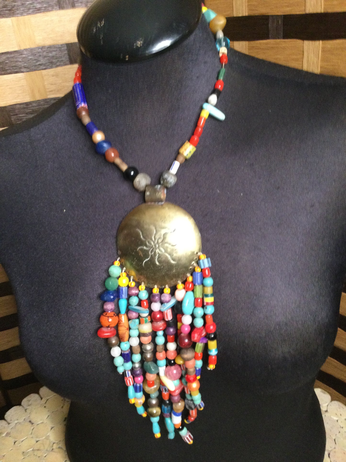Multi color Beaded brass Medallion necklace Handmade