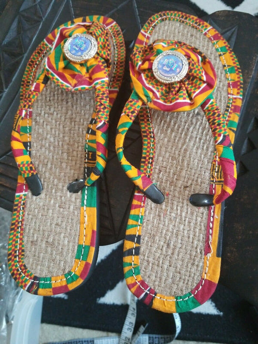 Handmade Kente Slippers with Denim Accents~Size 10.5M(fits US Size 9M-9.5M~$25