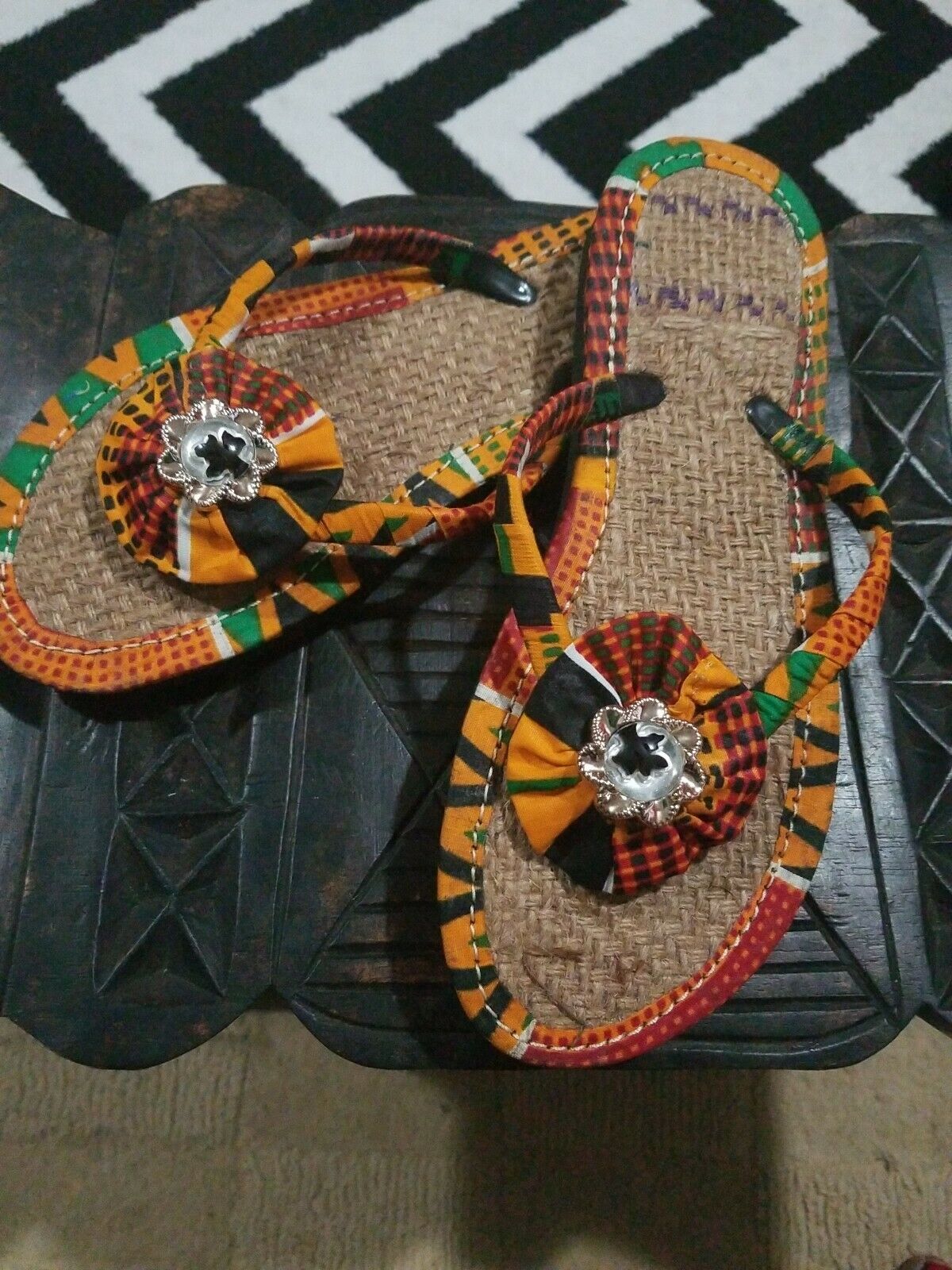 Handmade Kente Slippers with Denim Accents~Size 10M(fits US Size 9M)~$25