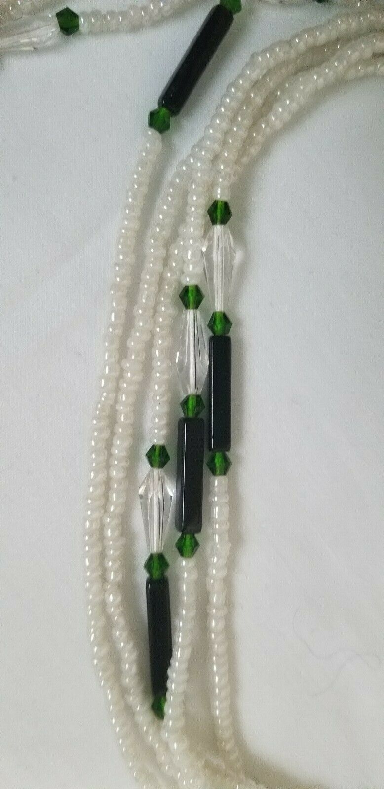 African Waist Beads(Green Crystal and Green accentBeads on White )(.46"-53")