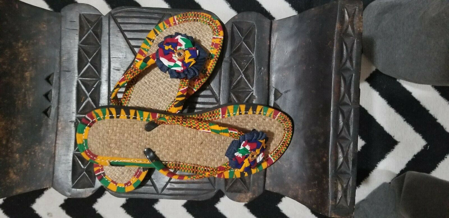 Handmade Kente Slippers with Denim Accents~Size 10.5M(fits US Size 9M-9.5M~$25