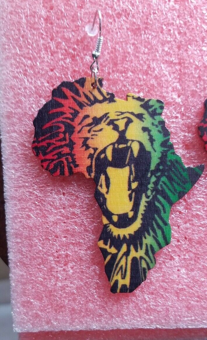 Lion of Juda Rasta Red Yellow Green Wood Fashion Drop Round Dangle Earrings~$7