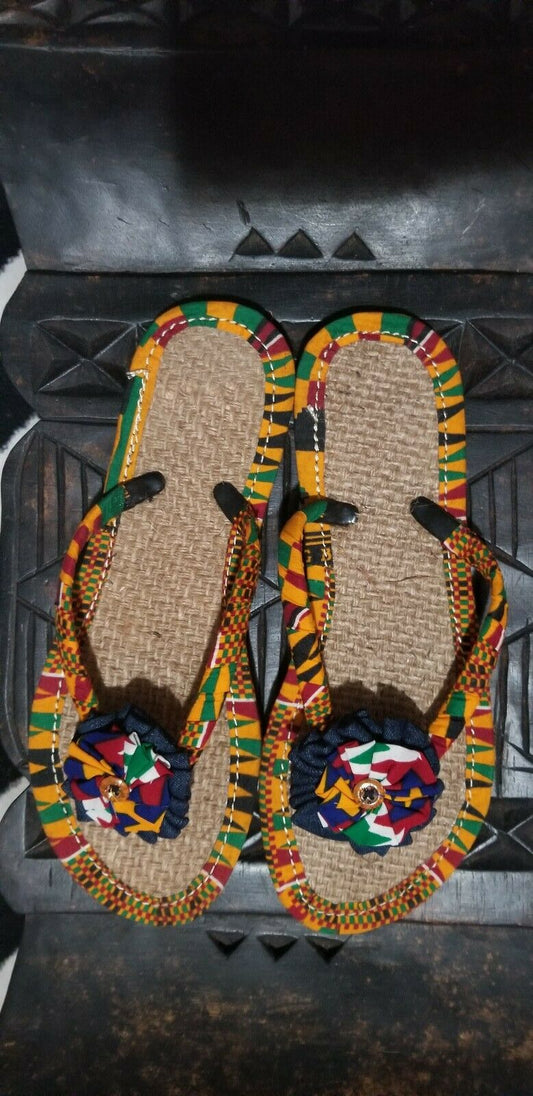 Handmade Kente Slippers with Denim Accents~Size 10.5M(fits US Size 9M-9.5M~$25