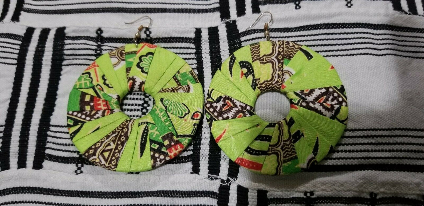 Lime Green MultiAfrican Print  Round Earrings $5