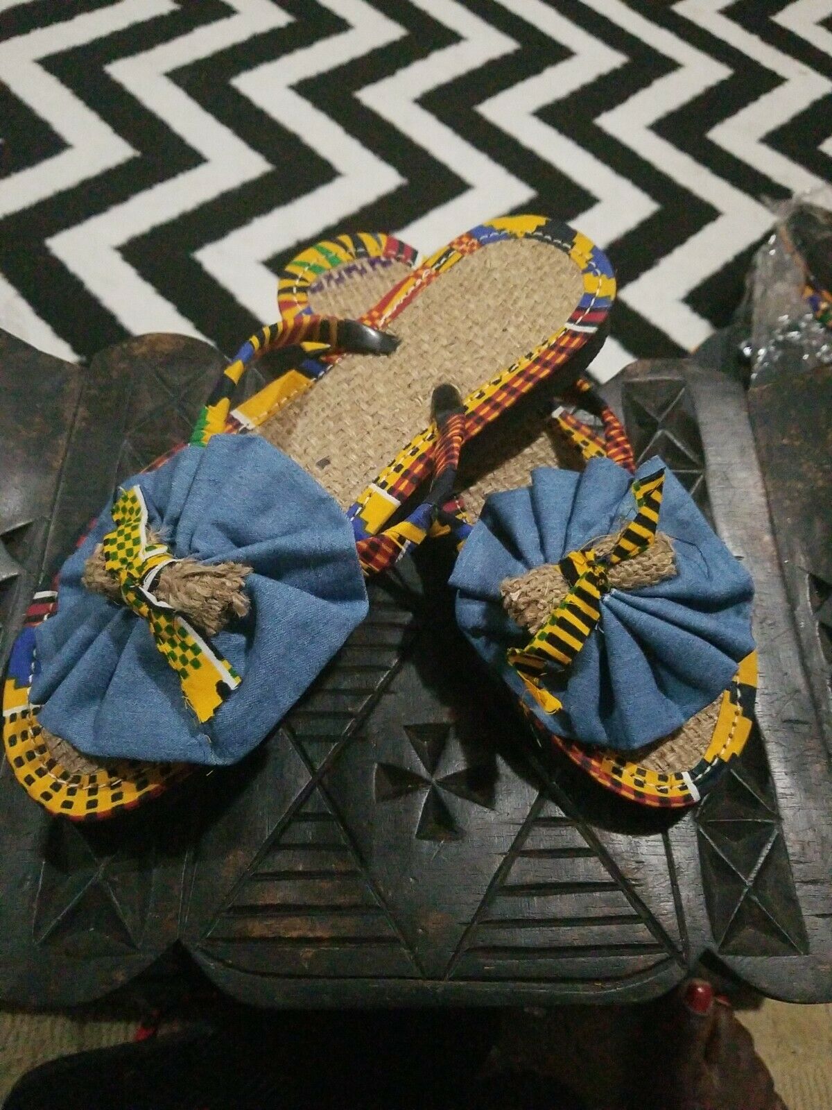 Handmade Kente Slippers with Denim Accents~Size 11M(fits US Size10M.- 9.5M)~$25