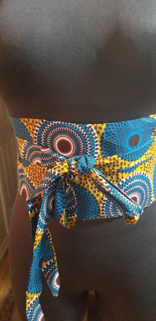 African PRINT WIDE BELT wrap&Tie brwn and blue(water well Design)