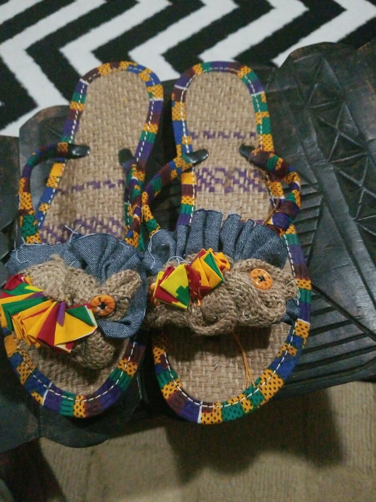 Handmade Kente Slippers with Denim Accents~Size 10.5M(Fits US9-9.5)~$25ea