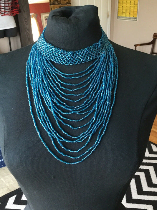 MULTI STRAND BLUE OMBRE GLASS SEED BEAD NECKLACE 15"