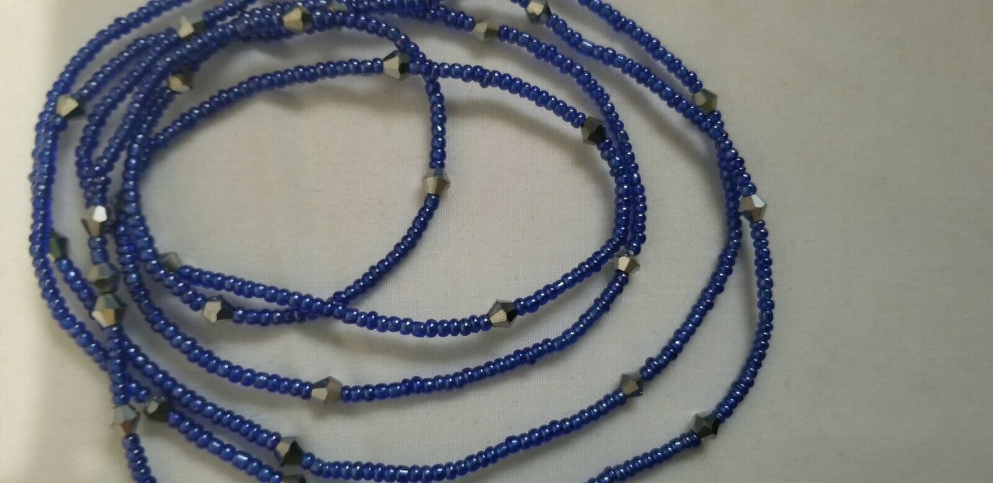 Tiny Navy Blue Multi African waist Beads Long With Decorative Accents..46"-53"