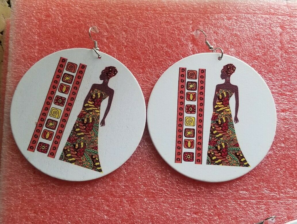 Painted lady wooden Drop Round Dangle Earrings#2~$6