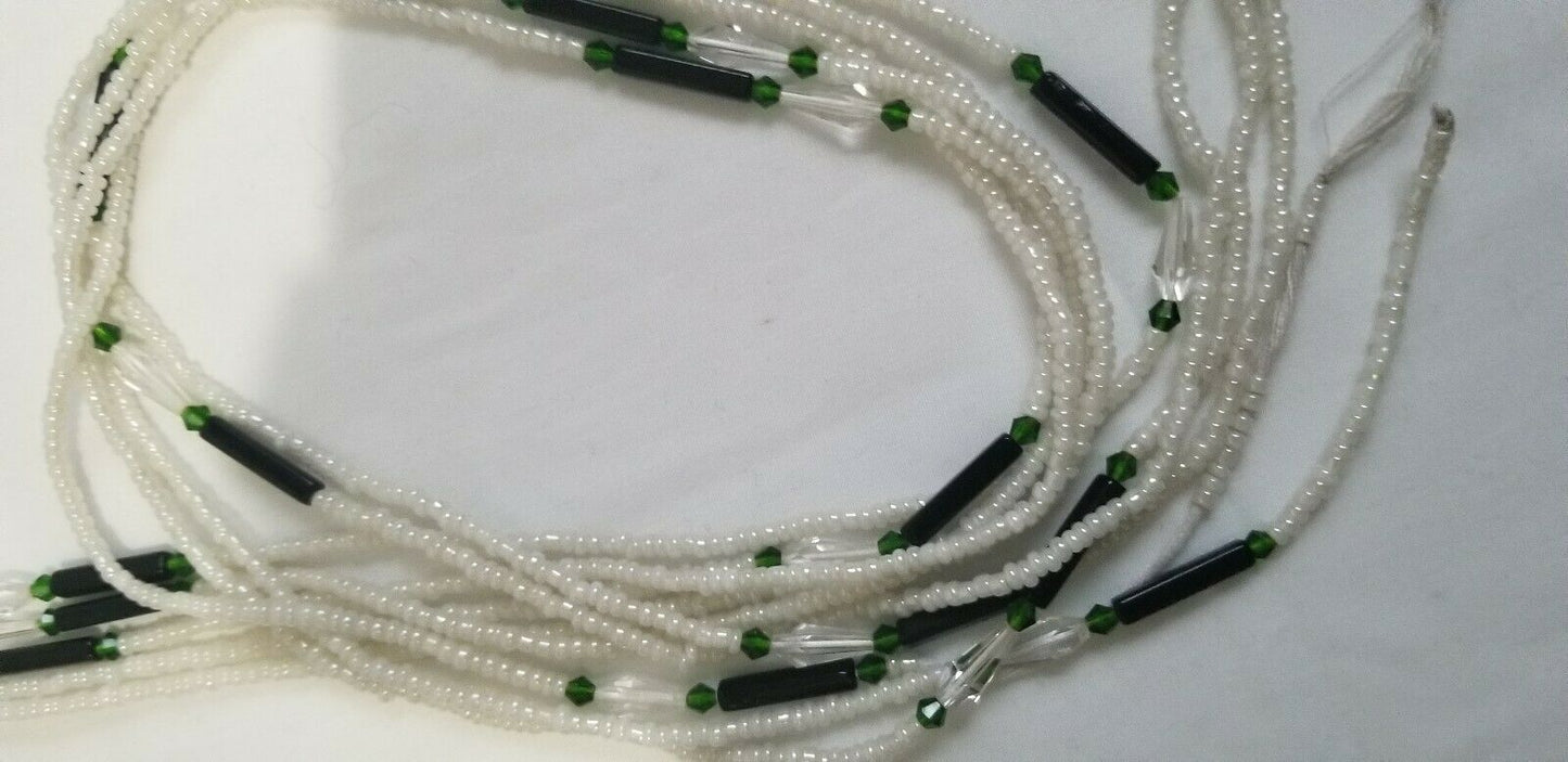 African Waist Beads(Green Crystal and Green accentBeads on White )(.46"-53")