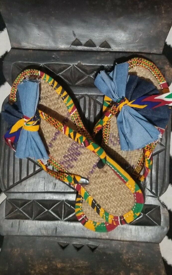 Handmade Kente Slippers with Denim Accents~Size 10.5(fits US Size 9-9.5~$25