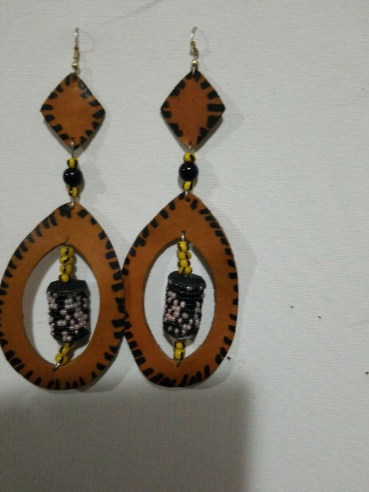 Handmade GENUINE Leather and beading Earrings $10 FREE SHIPPING