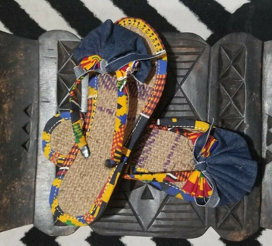 Handmade Kente Slippers with Denim Accents~Size 10.5M(fits US Size 9M-9.5M~$25