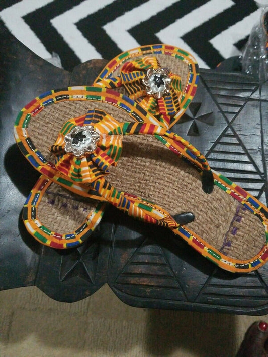 Handmade Kente Slippers with Denim Accents~Size 10M(fits US Size 9M)~$25