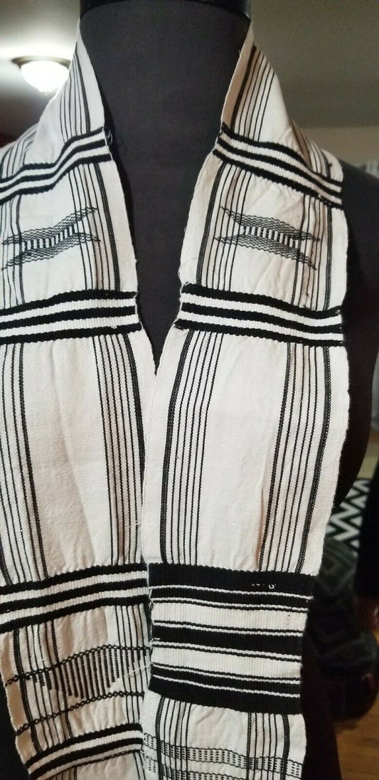 Handmade black and white woven Ewe Kente Sash