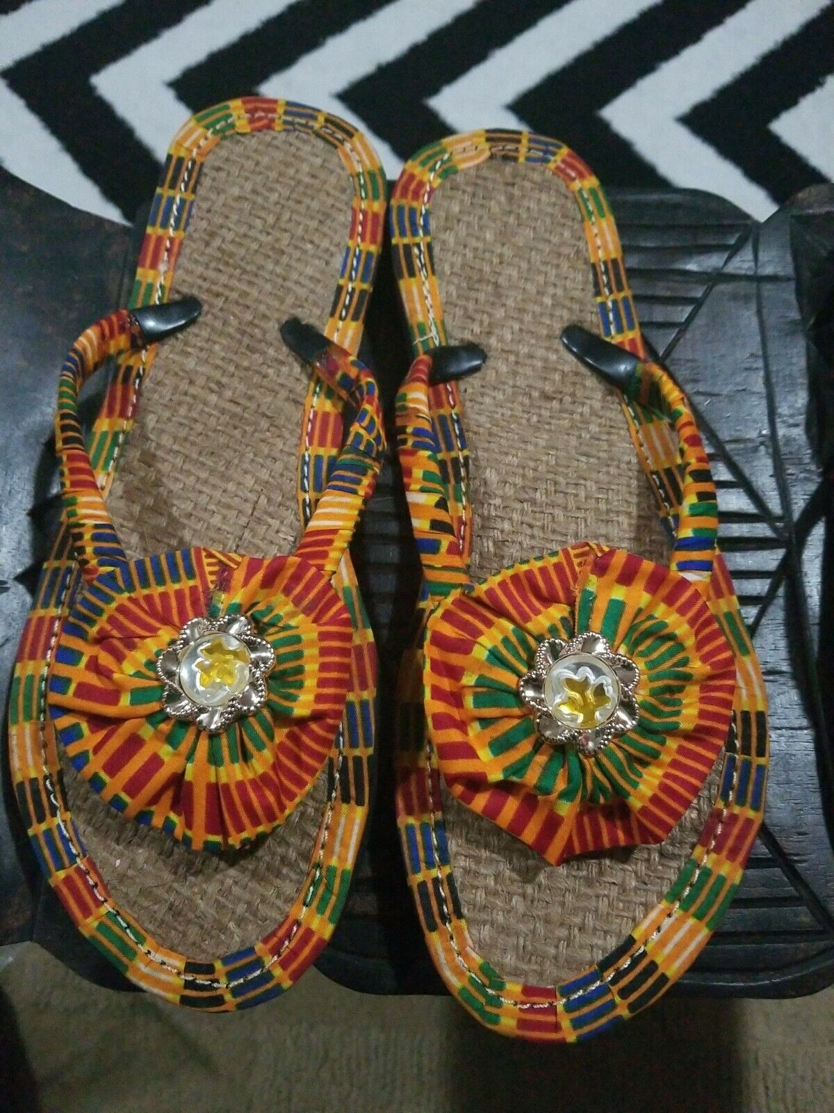 Handmade Kente Slippers with Denim Accents~Size 11M(fits US Size9.5- 10M)~$25ea