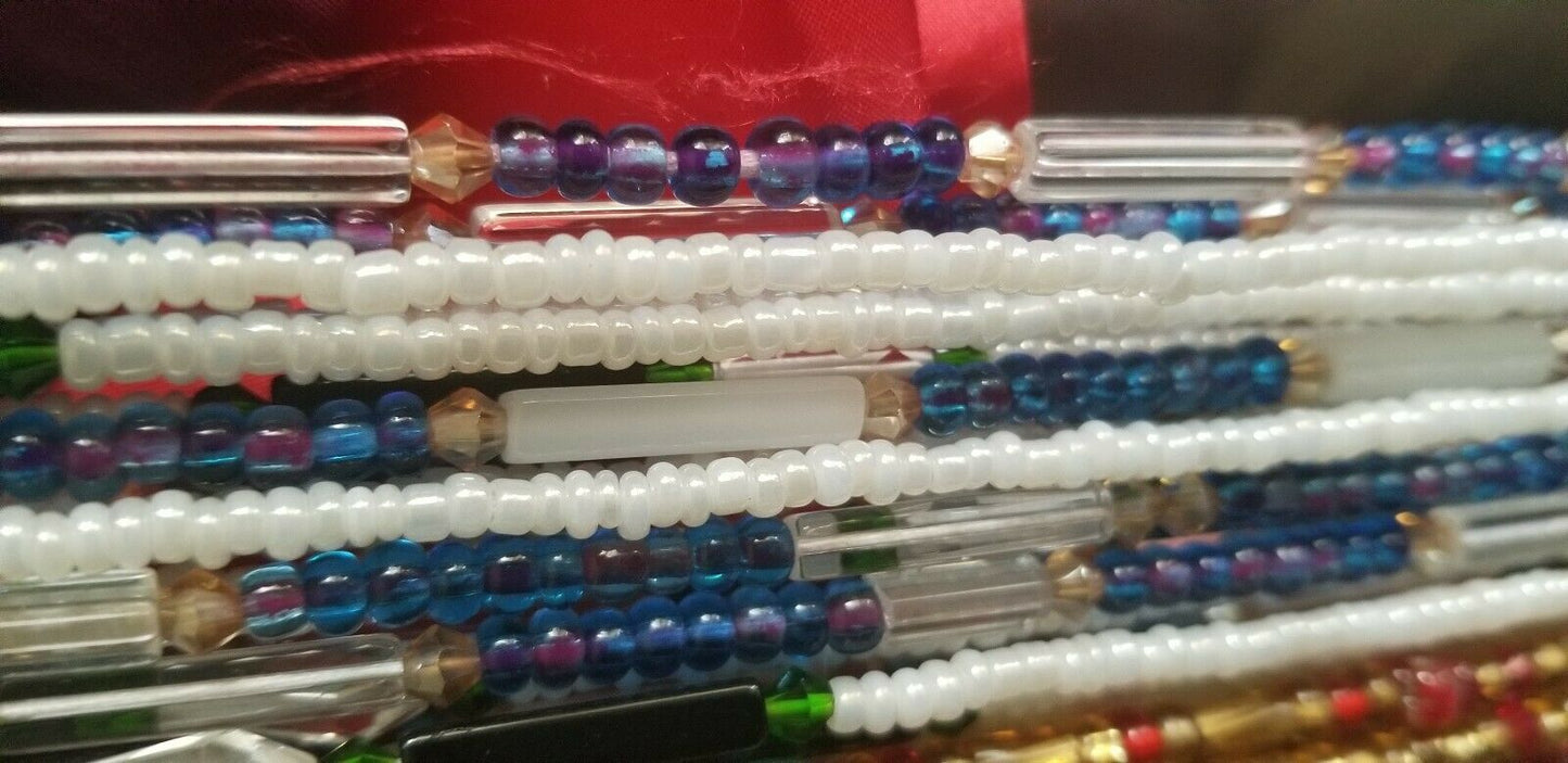 African Waist Beads(Green Crystal and Green accentBeads on White )(.46"-53")