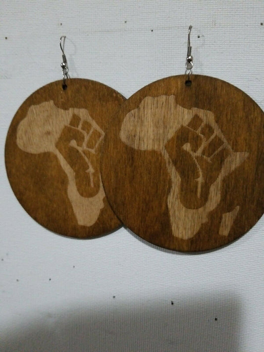 Wooden Large Africa Map and Clinched fist.Light weight errings