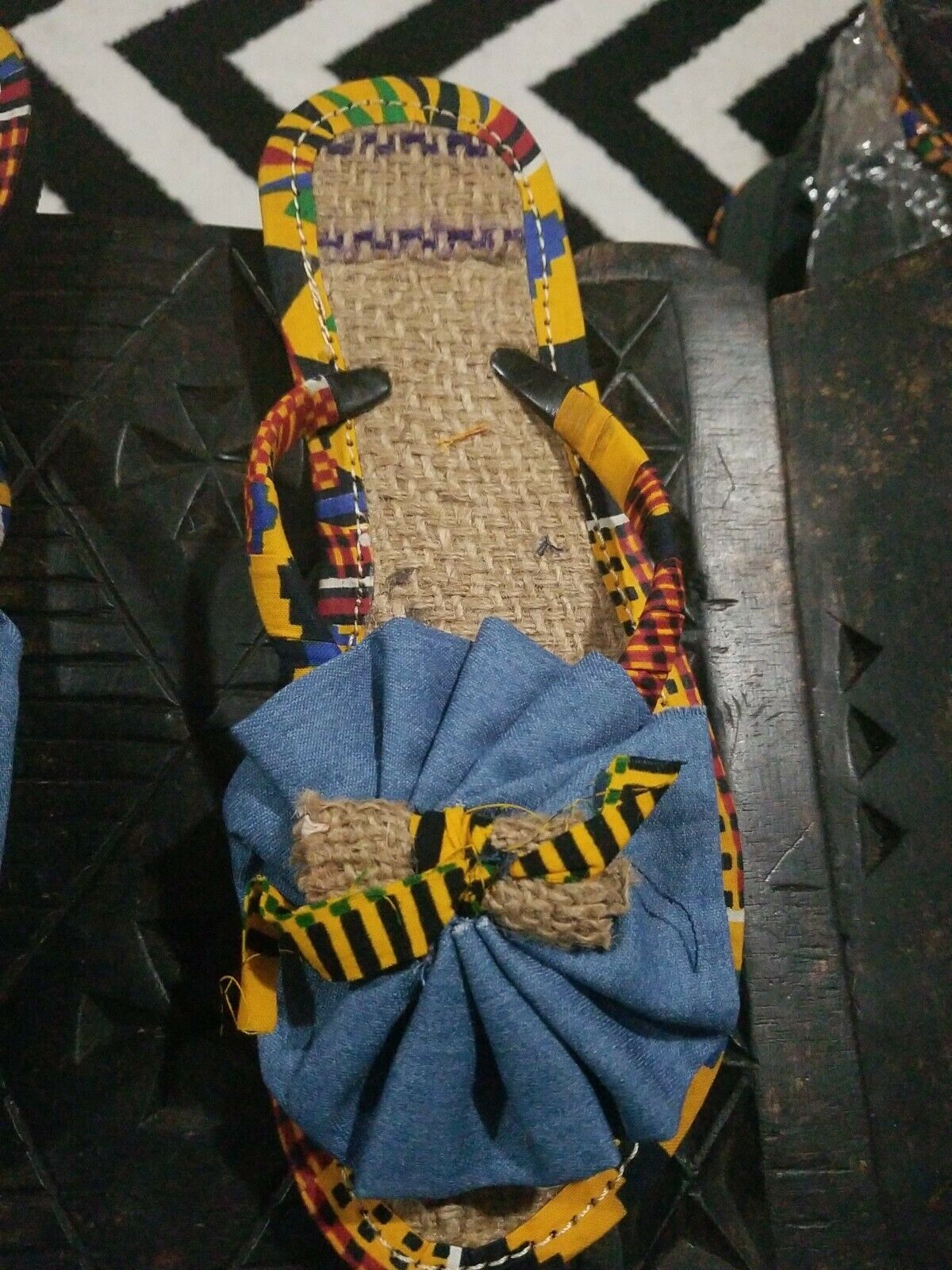 Handmade Kente Slippers with Denim Accents~Size 11M(fits US Size10M.- 9.5M)~$25